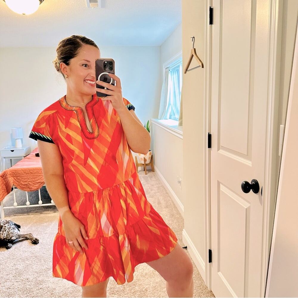 Saloni Orange Green Cotton Abstract Mini Dress Medium